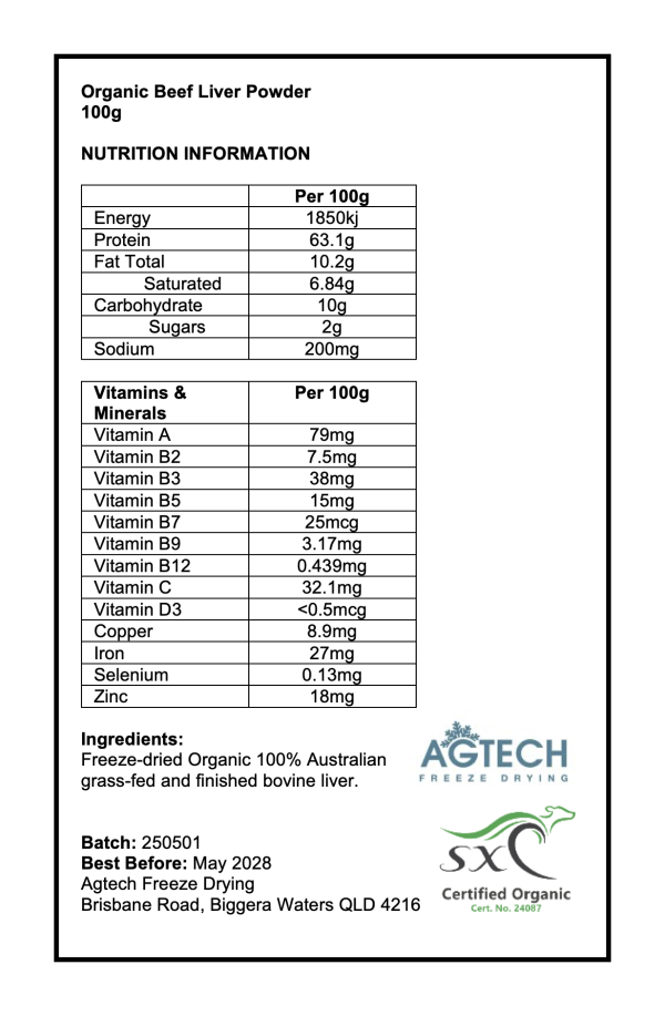 Freeze Dried Australian Certified Organic Beef Liver Powder - pre-packaged unlabelled [12 x 100g] - Image 2