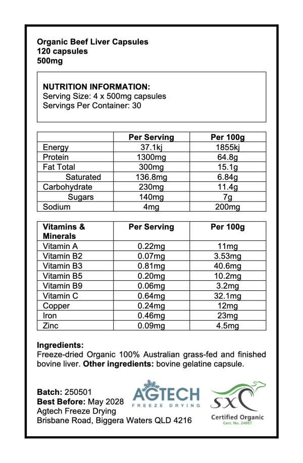 Freeze Dried Certified Organic Australian Beef Liver Capsules [12 x 120 capsules] - Image 2