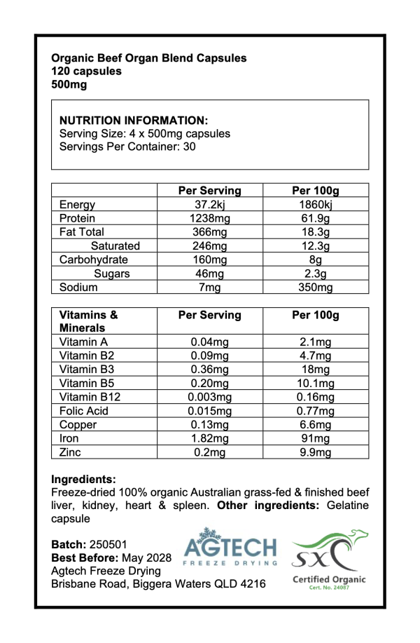 Freeze Dried  Certified Organic Australian Beef Organ Blend Capsules [75 x 120 capsules] - Image 2