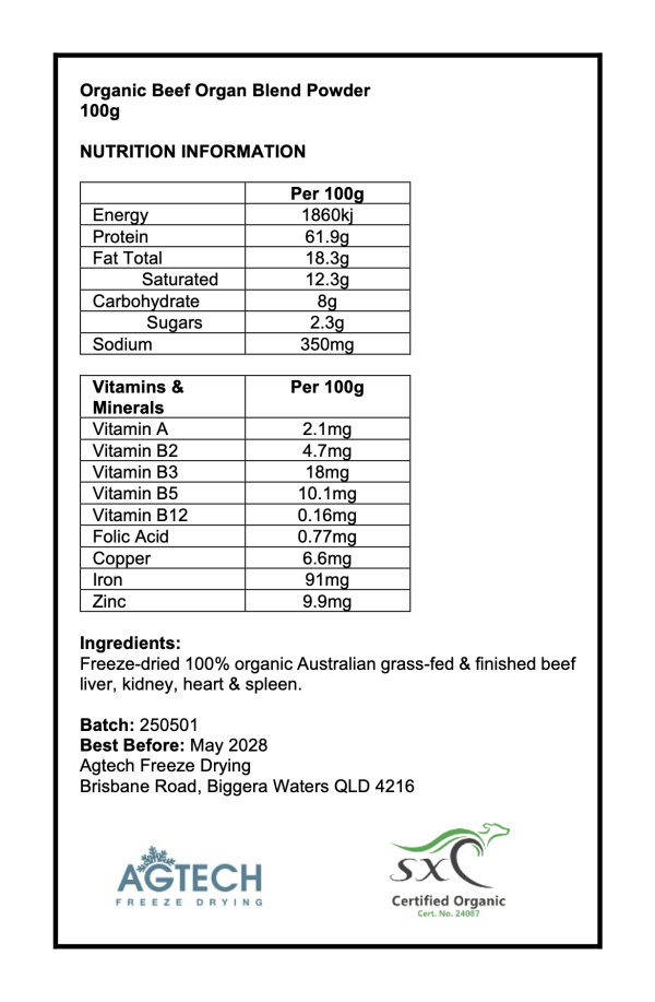 Freeze Dried Australian Certified Organic Beef Organ Blend Powder - pre-packaged unlabelled [12 x 100g] - Image 2